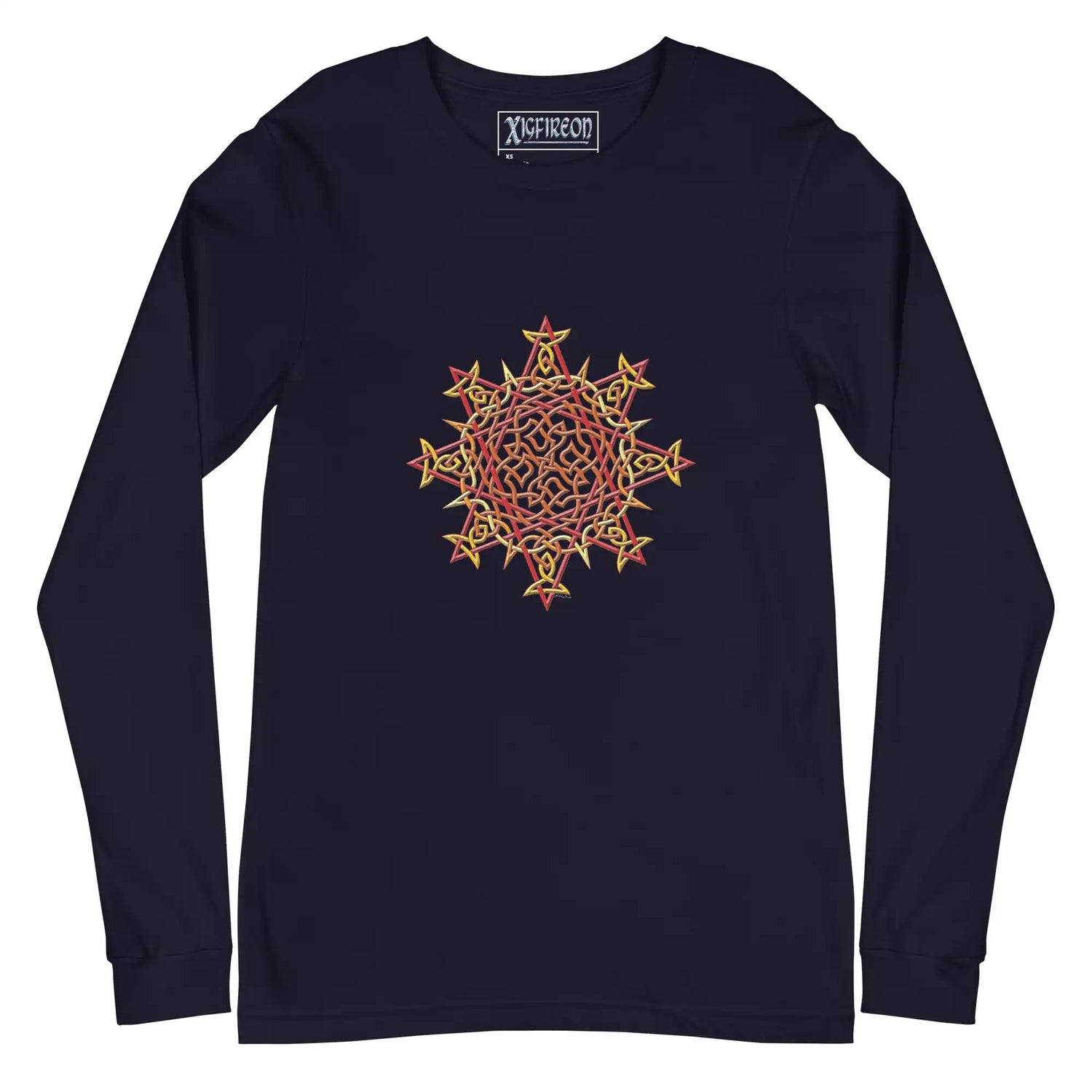 A navy blue Xigfireon long sleeve graphic t-shirt featuring the Fire Colour iteration of the Morning Star Fire Celtic knot design. The Morning Star Fire Celtic knot is a Sun symbol.