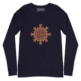 A navy blue Xigfireon long sleeve graphic t-shirt featuring the Fire Colour iteration of the Morning Star Fire Celtic knot design. The Morning Star Fire Celtic knot is a Sun symbol.