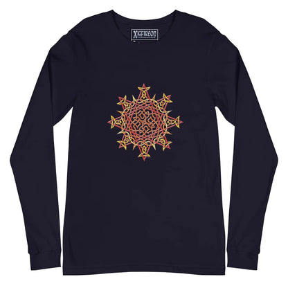 A navy blue Xigfireon long sleeve graphic t-shirt featuring the Fire Colour iteration of the Morning Star Fire Celtic knot design. The Morning Star Fire Celtic knot is a Sun symbol.