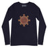 A navy blue Xigfireon long sleeve graphic t-shirt featuring the Fire Colour iteration of the Morning Star Fire Celtic knot design. The Morning Star Fire Celtic knot is a Sun symbol.