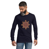 A young man wearing a navy blue Xigfireon long sleeve graphic t-shirt featuring the Fire Colour iteration of the Morning Star Fire Celtic knot design. The Morning Star Fire Celtic knot is a Sun symbol.