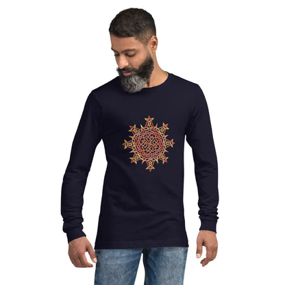 A young man wearing a navy blue Xigfireon long sleeve graphic t-shirt featuring the Fire Colour iteration of the Morning Star Fire Celtic knot design. The Morning Star Fire Celtic knot is a Sun symbol.