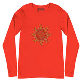 A poppy Xigfireon long sleeve graphic t-shirt featuring the Fire Colour iteration of the Morning Star Fire Celtic knot design. The Morning Star Fire Celtic knot is a Sun symbol.