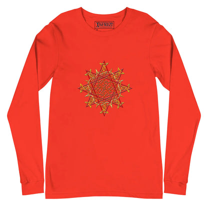 A poppy Xigfireon long sleeve graphic t-shirt featuring the Fire Colour iteration of the Morning Star Fire Celtic knot design. The Morning Star Fire Celtic knot is a Sun symbol.