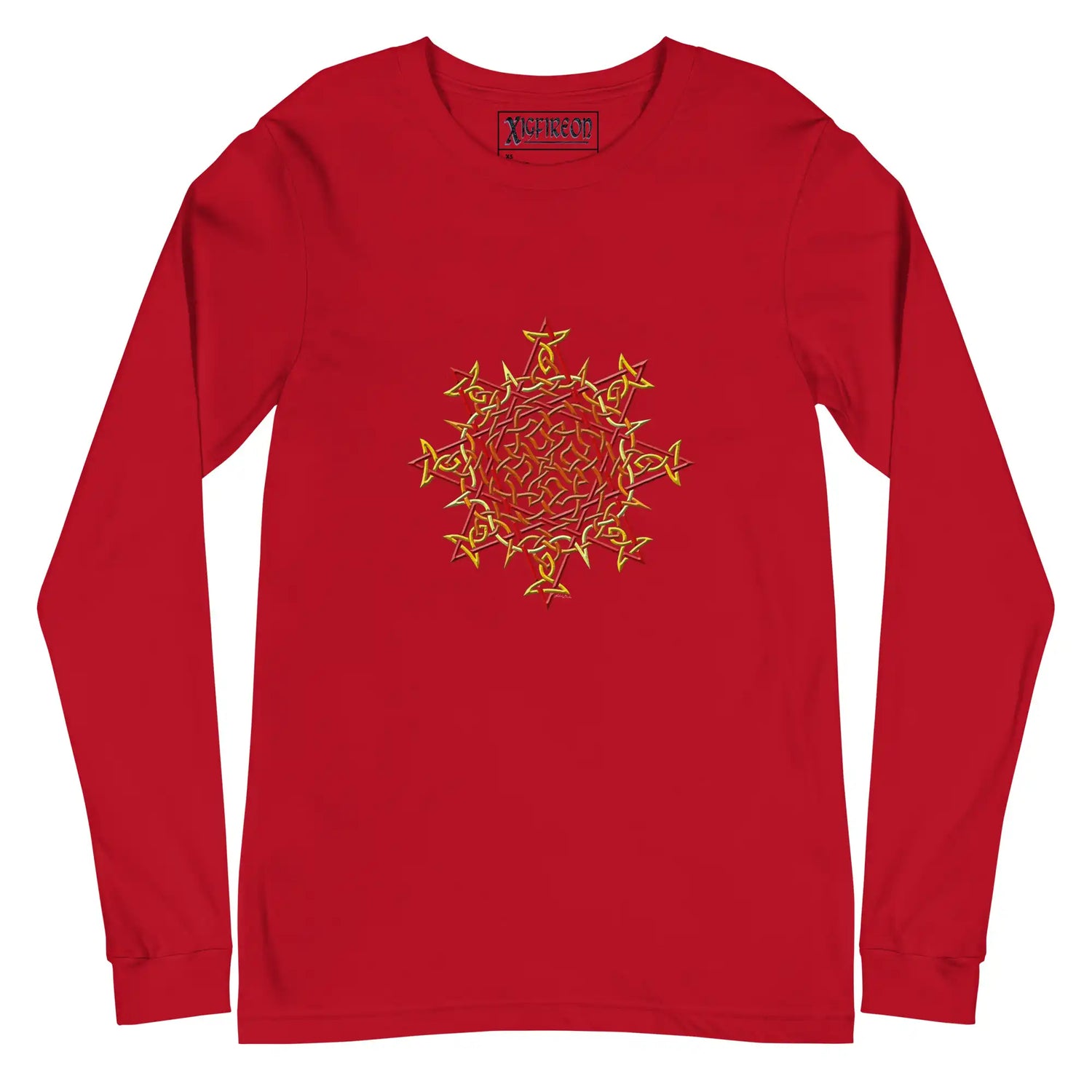 A red Xigfireon long sleeve graphic t-shirt featuring the Fire Colour iteration of the Morning Star Fire Celtic knot design. The Morning Star Fire Celtic knot is a Sun symbol.