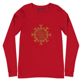 A red Xigfireon long sleeve graphic t-shirt featuring the Fire Colour iteration of the Morning Star Fire Celtic knot design. The Morning Star Fire Celtic knot is a Sun symbol.