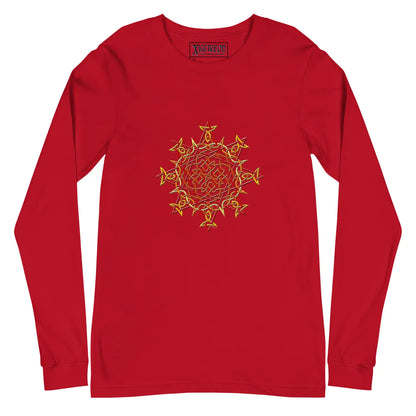 A red Xigfireon long sleeve graphic t-shirt featuring the Fire Colour iteration of the Morning Star Fire Celtic knot design. The Morning Star Fire Celtic knot is a Sun symbol.