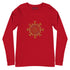 A red Xigfireon long sleeve graphic t-shirt featuring the Fire Colour iteration of the Morning Star Fire Celtic knot design. The Morning Star Fire Celtic knot is a Sun symbol.