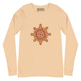 A sand dune Xigfireon long sleeve graphic t-shirt featuring the Fire Colour iteration of the Morning Star Fire Celtic knot design. The Morning Star Fire Celtic knot is a Sun symbol.