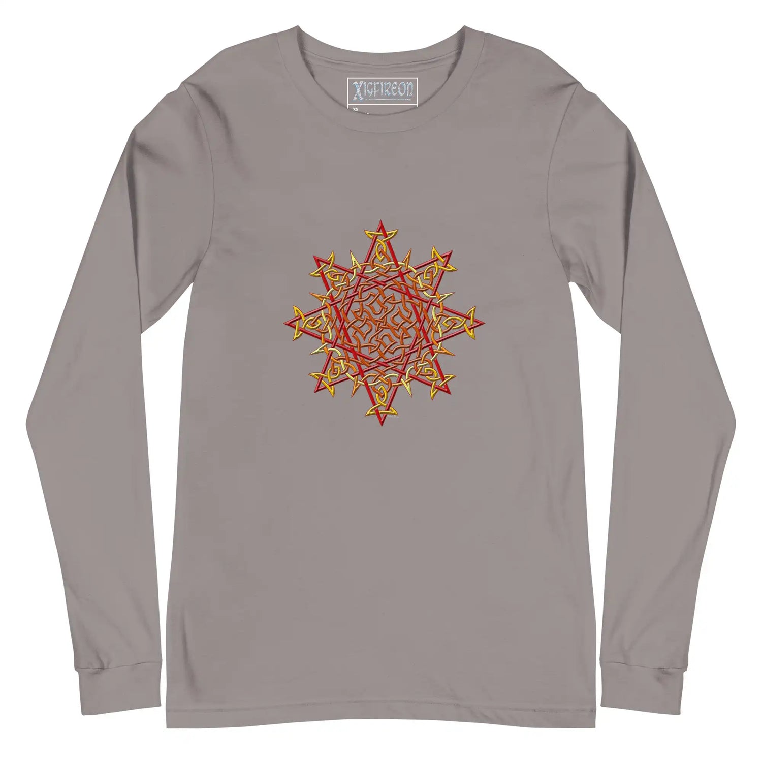 A storm grey Xigfireon long sleeve graphic t-shirt featuring the Fire Colour iteration of the Morning Star Fire Celtic knot design. The Morning Star Fire Celtic knot is a Sun symbol.