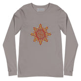A storm grey Xigfireon long sleeve graphic t-shirt featuring the Fire Colour iteration of the Morning Star Fire Celtic knot design. The Morning Star Fire Celtic knot is a Sun symbol.