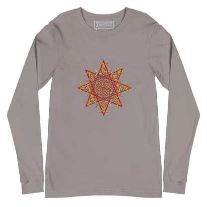 A storm grey Xigfireon long sleeve graphic t-shirt featuring the Fire Colour iteration of the Morning Star Fire Celtic knot design. The Morning Star Fire Celtic knot is a Sun symbol.