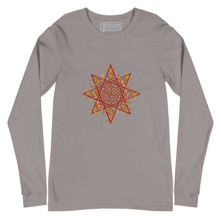 A storm grey Xigfireon long sleeve graphic t-shirt featuring the Fire Colour iteration of the Morning Star Fire Celtic knot design. The Morning Star Fire Celtic knot is a Sun symbol.