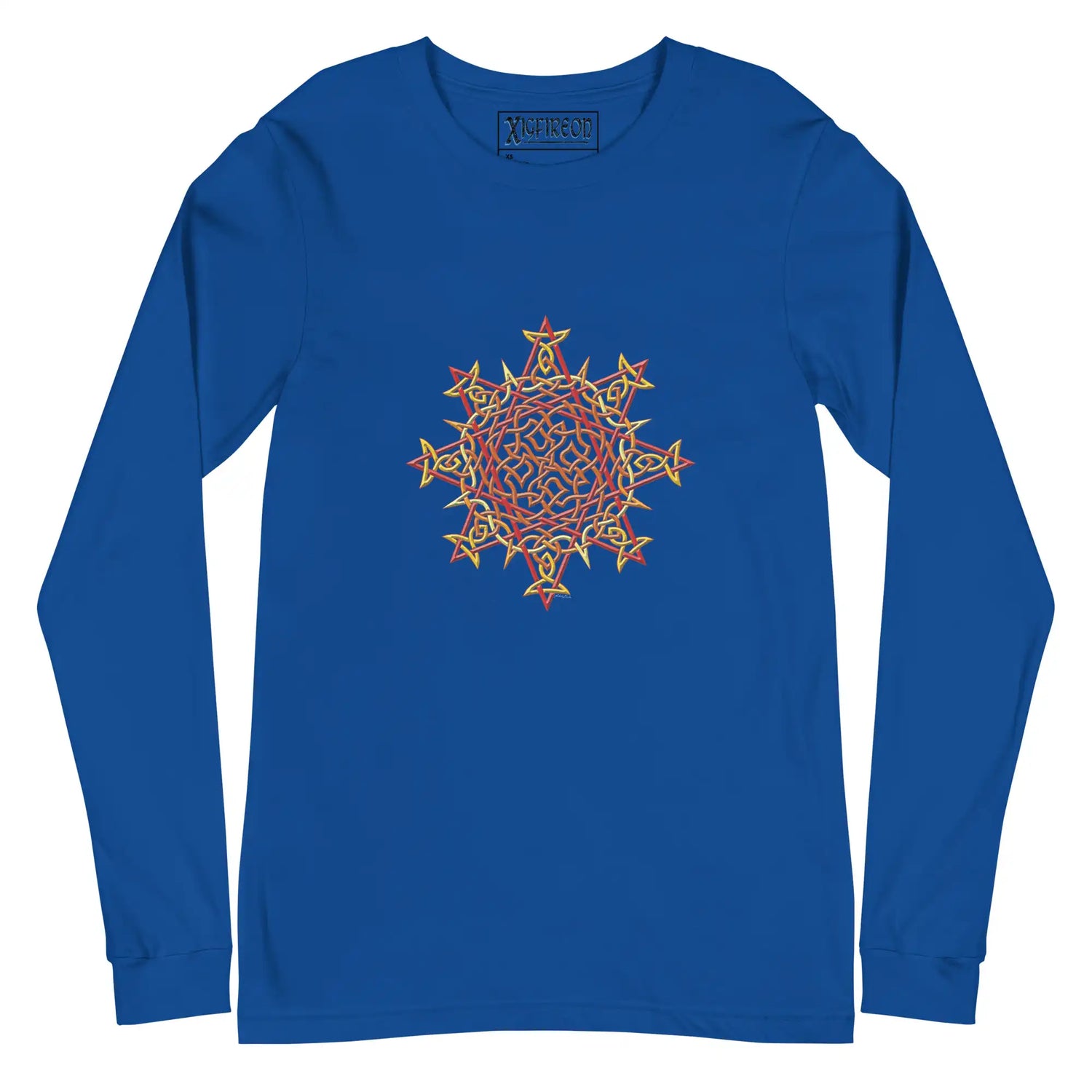 A true royal blue Xigfireon long sleeve graphic t-shirt featuring the Fire Colour iteration of the Morning Star Fire Celtic knot design. The Morning Star Fire Celtic knot is a Sun symbol.