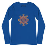 A true royal blue Xigfireon long sleeve graphic t-shirt featuring the Fire Colour iteration of the Morning Star Fire Celtic knot design. The Morning Star Fire Celtic knot is a Sun symbol.