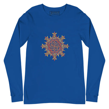 A true royal blue Xigfireon long sleeve graphic t-shirt featuring the Fire Colour iteration of the Morning Star Fire Celtic knot design. The Morning Star Fire Celtic knot is a Sun symbol.