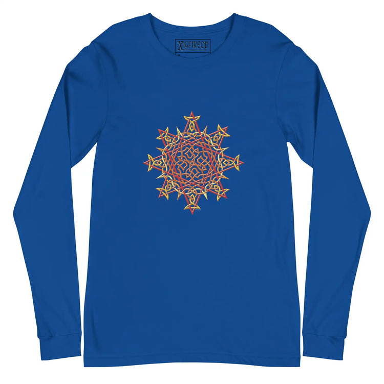 A true royal blue Xigfireon long sleeve graphic t-shirt featuring the Fire Colour iteration of the Morning Star Fire Celtic knot design. The Morning Star Fire Celtic knot is a Sun symbol.