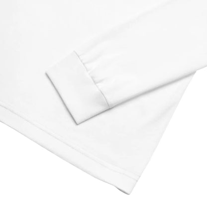 A close-up of the hem on a white Xigfireon long sleeve graphic t-shirt featuring the Fire Colour iteration of the Morning Star Fire Celtic knot design. The Morning Star Fire Celtic knot is a Sun symbol.