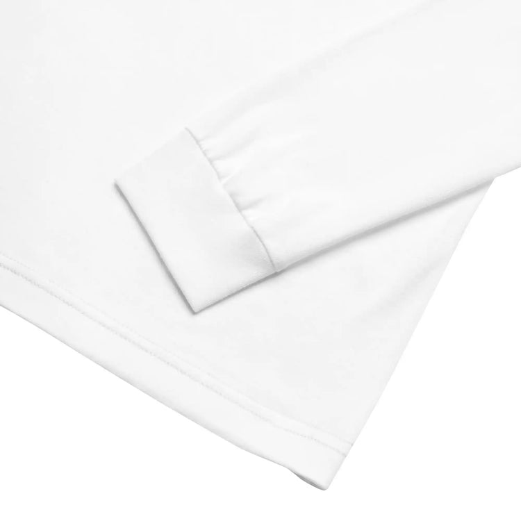A close-up of the hem on a white Xigfireon long sleeve graphic t-shirt featuring the Fire Colour iteration of the Morning Star Fire Celtic knot design. The Morning Star Fire Celtic knot is a Sun symbol.