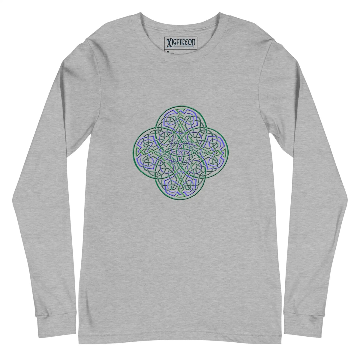 An athletic heather white Xigfireon long sleeve graphic t-shirt featuring the Living Colour iteration of the Reach Of The Spirit Celtic knot design. The Reach Of The Spirit Celtic knot symbolizes Mother Earth.
