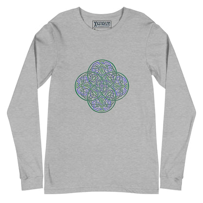 An athletic heather white Xigfireon long sleeve graphic t-shirt featuring the Living Colour iteration of the Reach Of The Spirit Celtic knot design. The Reach Of The Spirit Celtic knot symbolizes Mother Earth.
