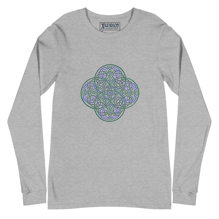 An athletic heather white Xigfireon long sleeve graphic t-shirt featuring the Living Colour iteration of the Reach Of The Spirit Celtic knot design. The Reach Of The Spirit Celtic knot symbolizes Mother Earth.