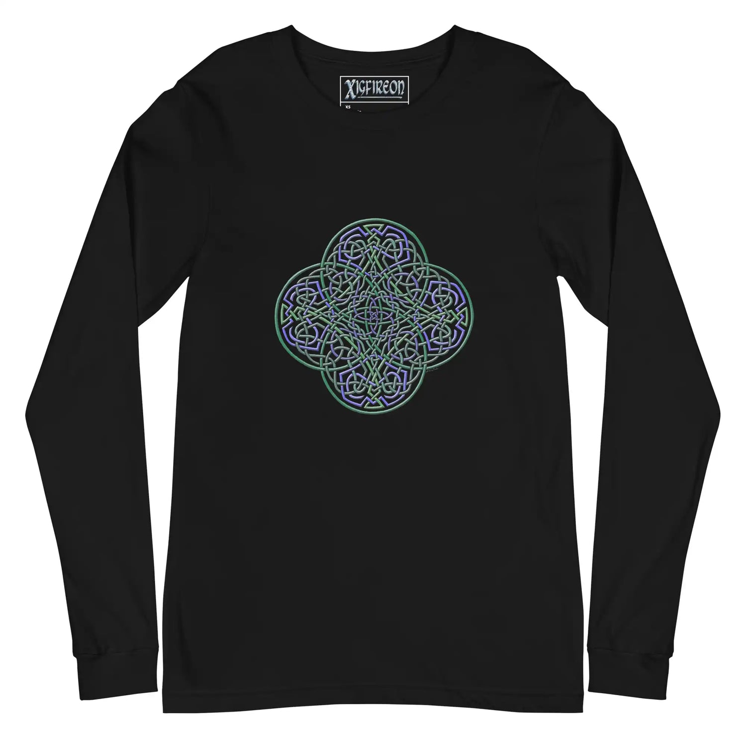 A black Xigfireon long sleeve graphic t-shirt featuring the Living Colour iteration of the Reach Of The Spirit Celtic knot design. The Reach Of The Spirit Celtic knot symbolizes Mother Earth.