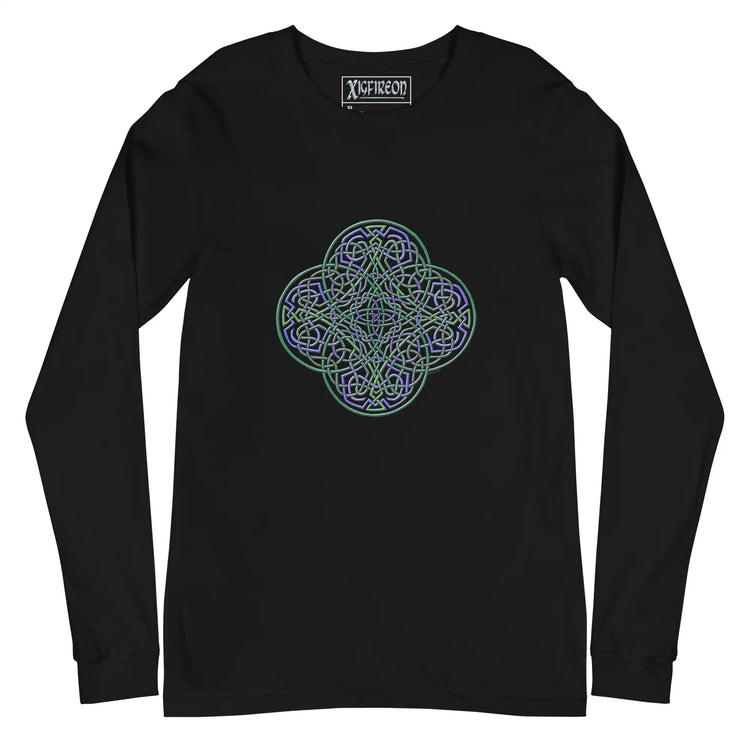 A black Xigfireon long sleeve graphic t-shirt featuring the Living Colour iteration of the Reach Of The Spirit Celtic knot design. The Reach Of The Spirit Celtic knot symbolizes Mother Earth.