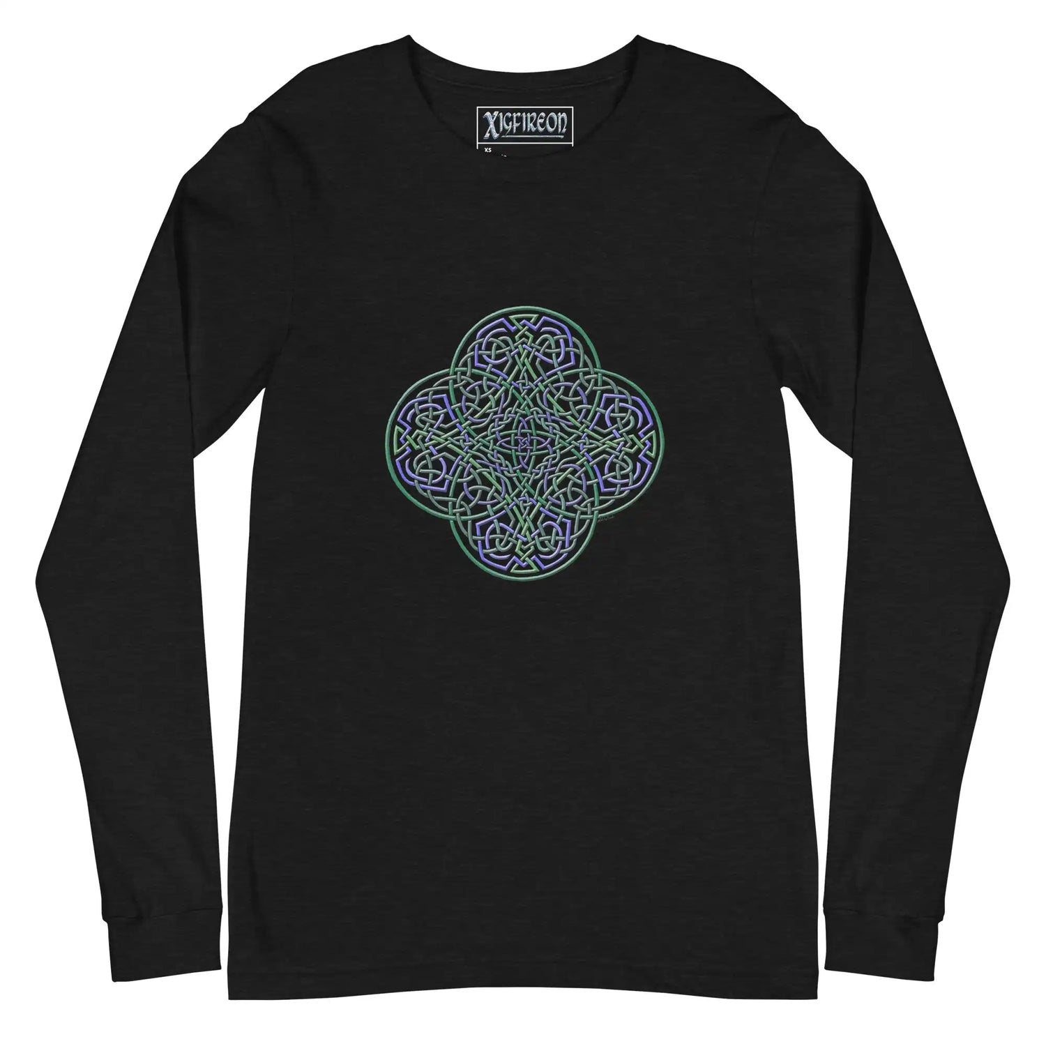 A black heather Xigfireon long sleeve graphic t-shirt featuring the Living Colour iteration of the Reach Of The Spirit Celtic knot design. The Reach Of The Spirit Celtic knot symbolizes Mother Earth.