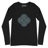 A black heather Xigfireon long sleeve graphic t-shirt featuring the Living Colour iteration of the Reach Of The Spirit Celtic knot design. The Reach Of The Spirit Celtic knot symbolizes Mother Earth.