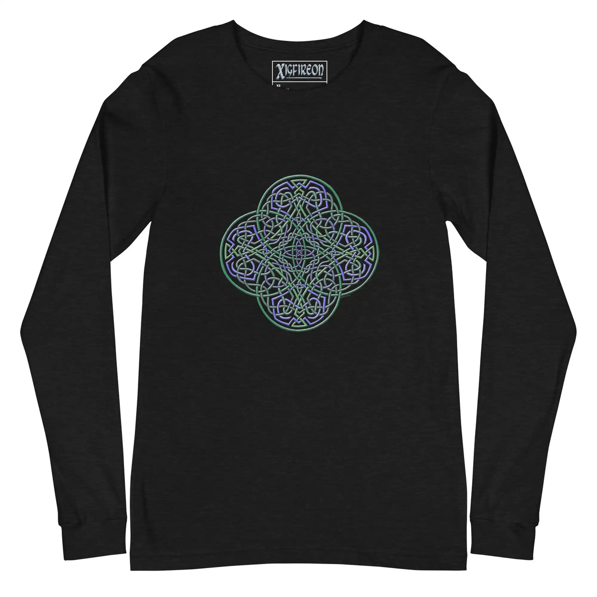 A black heather Xigfireon long sleeve graphic t-shirt featuring the Living Colour iteration of the Reach Of The Spirit Celtic knot design. The Reach Of The Spirit Celtic knot symbolizes Mother Earth.