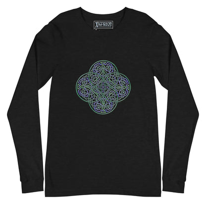 A black heather Xigfireon long sleeve graphic t-shirt featuring the Living Colour iteration of the Reach Of The Spirit Celtic knot design. The Reach Of The Spirit Celtic knot symbolizes Mother Earth.