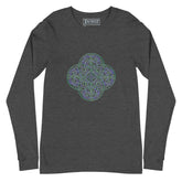 A dark grey heather Xigfireon long sleeve graphic t-shirt featuring the Living Colour iteration of the Reach Of The Spirit Celtic knot design. The Reach Of The Spirit Celtic knot symbolizes Mother Earth.