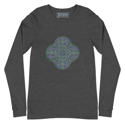 A dark grey heather Xigfireon long sleeve graphic t-shirt featuring the Living Colour iteration of the Reach Of The Spirit Celtic knot design. The Reach Of The Spirit Celtic knot symbolizes Mother Earth.