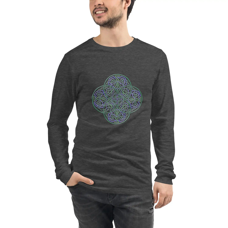 A young man wearing a dark grey heather Xigfireon long sleeve graphic t-shirt featuring the Living Colour iteration of the Reach Of The Spirit Celtic knot design. The Reach Of The Spirit Celtic knot symbolizes Mother Earth.