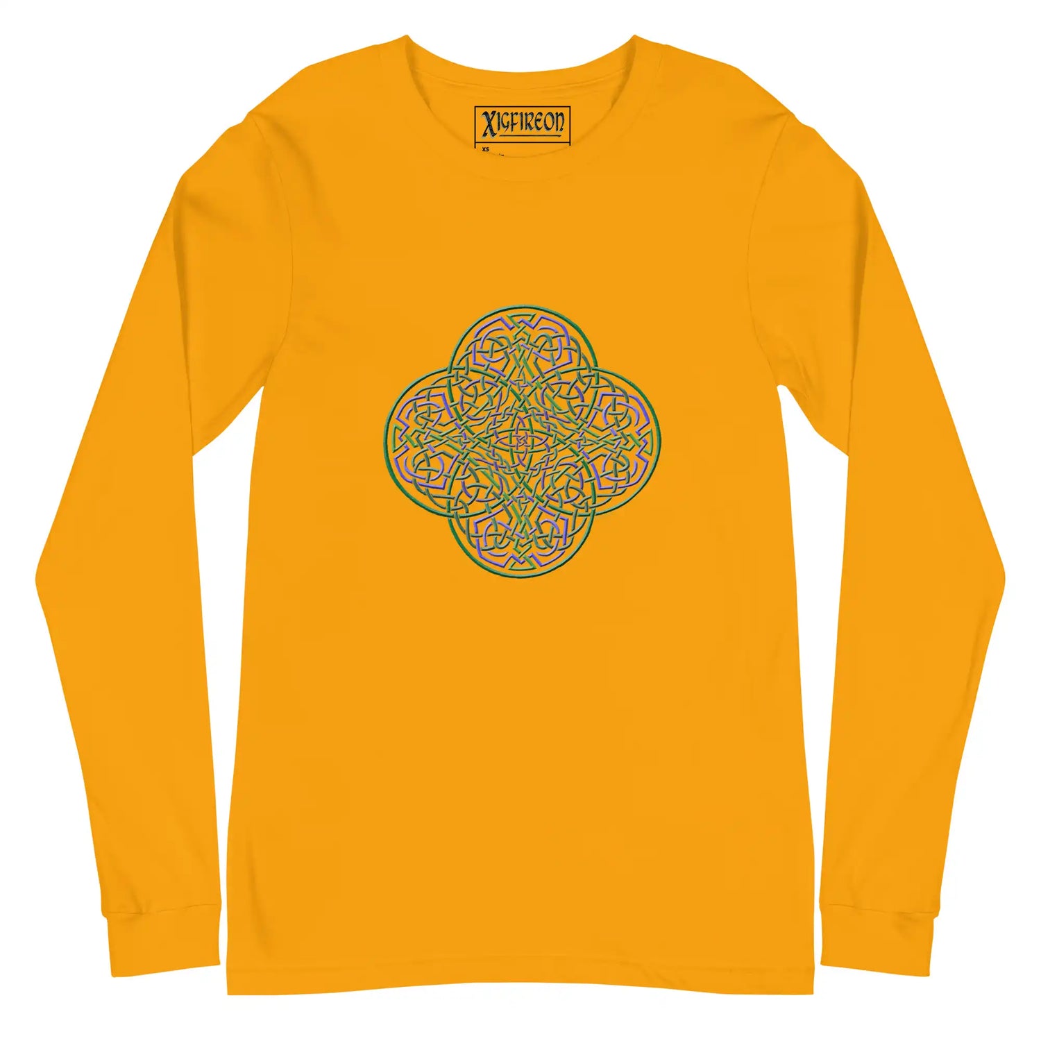 A gold Xigfireon long sleeve graphic t-shirt featuring the Living Colour iteration of the Reach Of The Spirit Celtic knot design. The Reach Of The Spirit Celtic knot symbolizes Mother Earth.