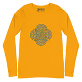 A gold Xigfireon long sleeve graphic t-shirt featuring the Living Colour iteration of the Reach Of The Spirit Celtic knot design. The Reach Of The Spirit Celtic knot symbolizes Mother Earth.