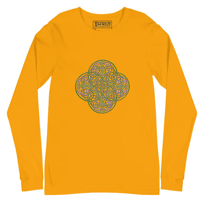 A gold Xigfireon long sleeve graphic t-shirt featuring the Living Colour iteration of the Reach Of The Spirit Celtic knot design. The Reach Of The Spirit Celtic knot symbolizes Mother Earth.