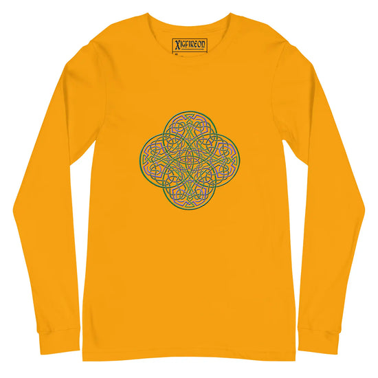 A gold Xigfireon long sleeve graphic t-shirt featuring the Living Colour iteration of the Reach Of The Spirit Celtic knot design. The Reach Of The Spirit Celtic knot symbolizes Mother Earth.