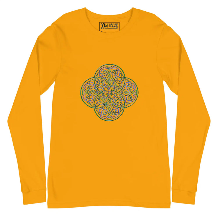 A gold Xigfireon long sleeve graphic t-shirt featuring the Living Colour iteration of the Reach Of The Spirit Celtic knot design. The Reach Of The Spirit Celtic knot symbolizes Mother Earth.