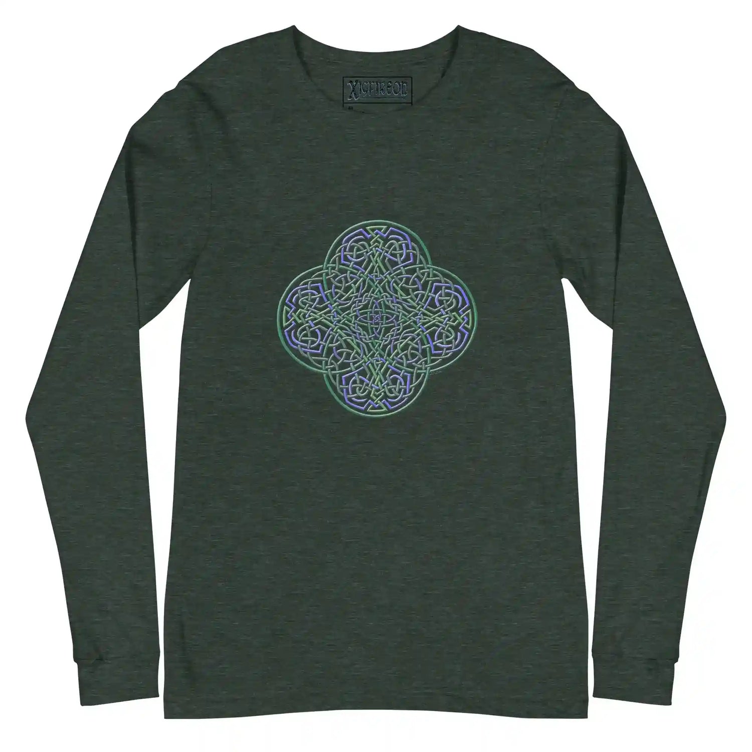 A heather forest green Xigfireon long sleeve graphic t-shirt featuring the Living Colour iteration of the Reach Of The Spirit Celtic knot design. The Reach Of The Spirit Celtic knot symbolizes Mother Earth.