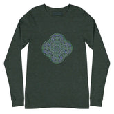 A heather forest green Xigfireon long sleeve graphic t-shirt featuring the Living Colour iteration of the Reach Of The Spirit Celtic knot design. The Reach Of The Spirit Celtic knot symbolizes Mother Earth.