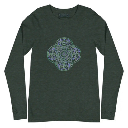 A heather forest green Xigfireon long sleeve graphic t-shirt featuring the Living Colour iteration of the Reach Of The Spirit Celtic knot design. The Reach Of The Spirit Celtic knot symbolizes Mother Earth.