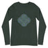 A heather forest green Xigfireon long sleeve graphic t-shirt featuring the Living Colour iteration of the Reach Of The Spirit Celtic knot design. The Reach Of The Spirit Celtic knot symbolizes Mother Earth.