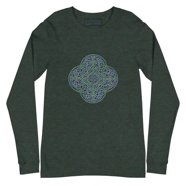 A heather forest green Xigfireon long sleeve graphic t-shirt featuring the Living Colour iteration of the Reach Of The Spirit Celtic knot design. The Reach Of The Spirit Celtic knot symbolizes Mother Earth.