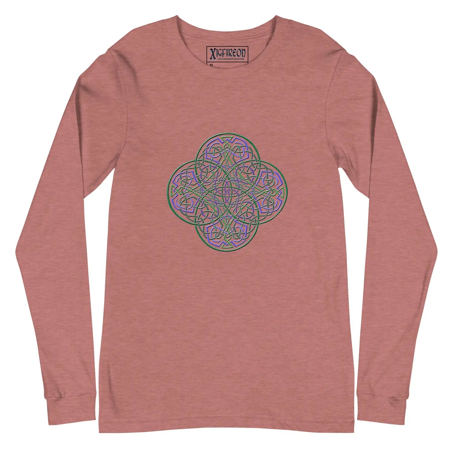 A heather mauve Xigfireon long sleeve graphic t-shirt featuring the Living Colour iteration of the Reach Of The Spirit Celtic knot design. The Reach Of The Spirit Celtic knot symbolizes Mother Earth.