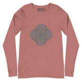 A heather mauve Xigfireon long sleeve graphic t-shirt featuring the Living Colour iteration of the Reach Of The Spirit Celtic knot design. The Reach Of The Spirit Celtic knot symbolizes Mother Earth.