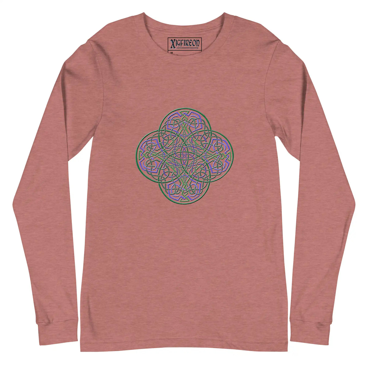 A heather mauve Xigfireon long sleeve graphic t-shirt featuring the Living Colour iteration of the Reach Of The Spirit Celtic knot design. The Reach Of The Spirit Celtic knot symbolizes Mother Earth.