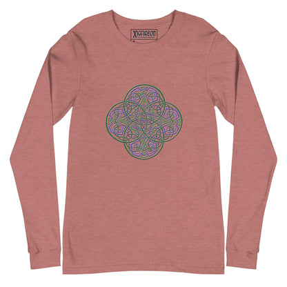 A heather mauve Xigfireon long sleeve graphic t-shirt featuring the Living Colour iteration of the Reach Of The Spirit Celtic knot design. The Reach Of The Spirit Celtic knot symbolizes Mother Earth.