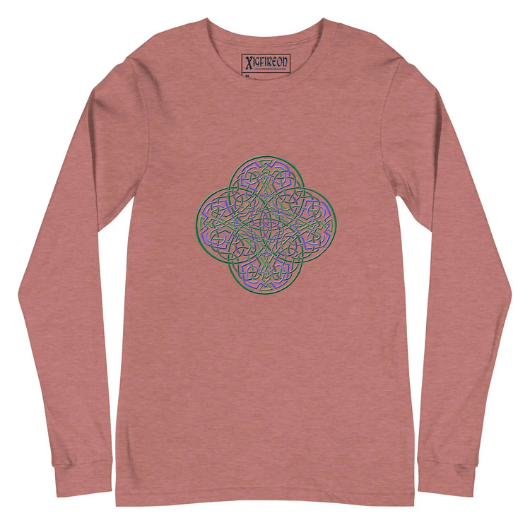 A heather mauve Xigfireon long sleeve graphic t-shirt featuring the Living Colour iteration of the Reach Of The Spirit Celtic knot design. The Reach Of The Spirit Celtic knot symbolizes Mother Earth.
